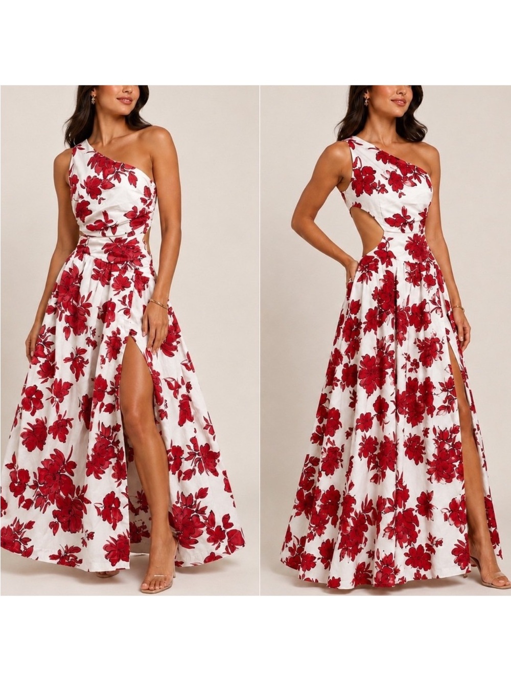 Abercrombie & Fitch One Shoulder Cutout Floral Maxi Dress Red White Size XL